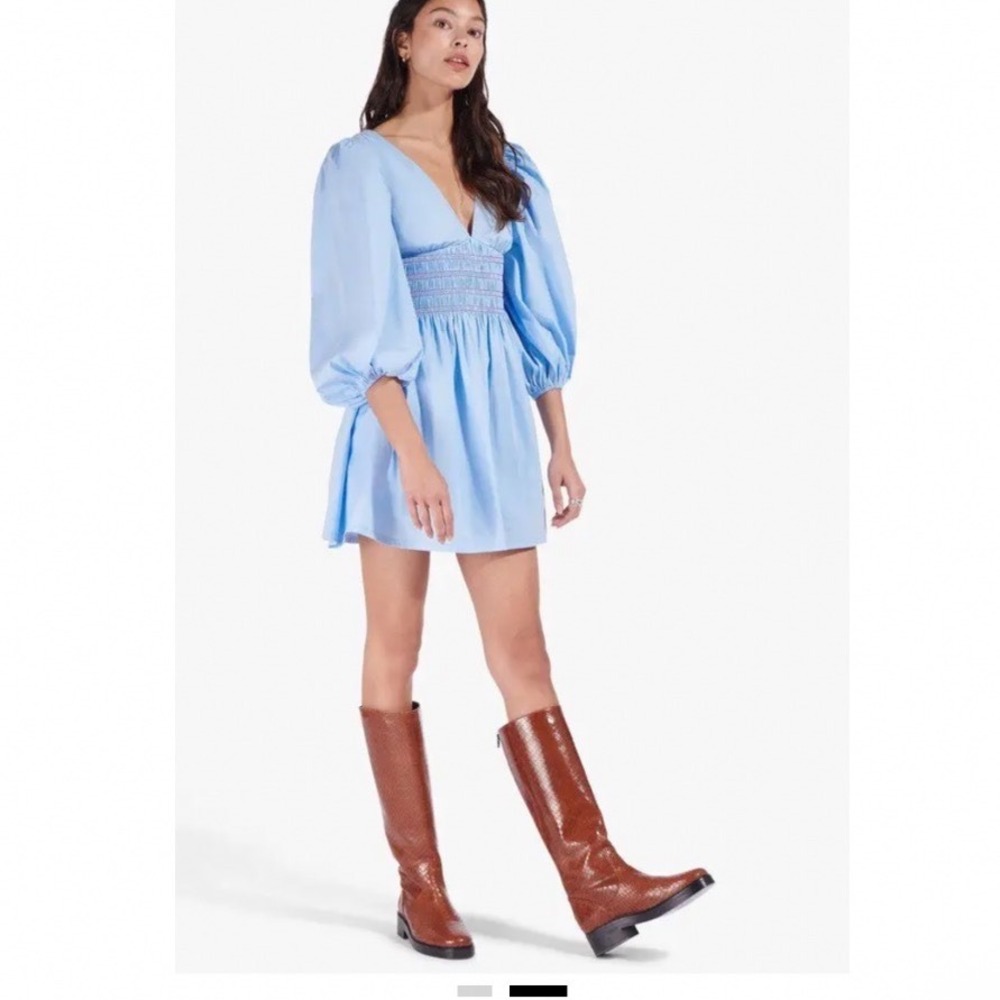 STAUD‎ Irene Dress Midi Blue Puff Sleeves Size XS NEW